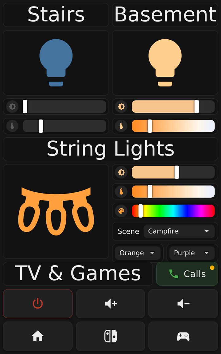 The basement dashboard: big bulb icons for the stairs and basement lights with brightness and color temperature sliders, the string lights with a color slider and scene pickers, and TV and game console buttons