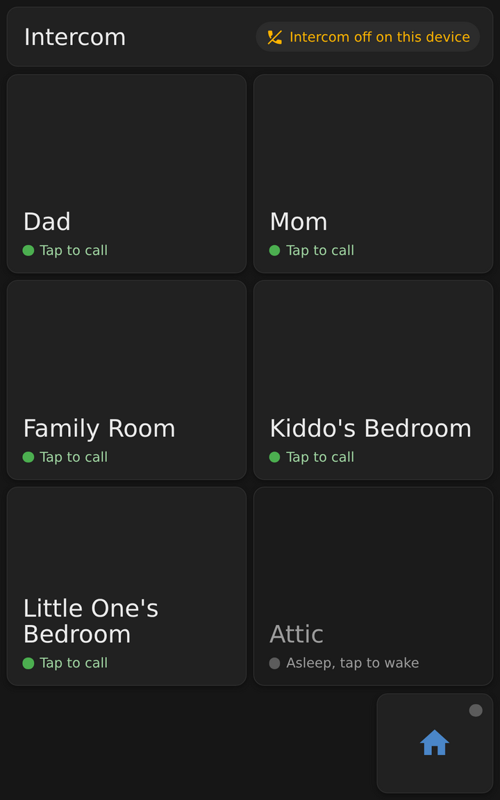 The intercom page listing Dad, Mom, the family room, both kids' bedrooms and the attic, each with a status like Tap to call or Asleep, tap to wake