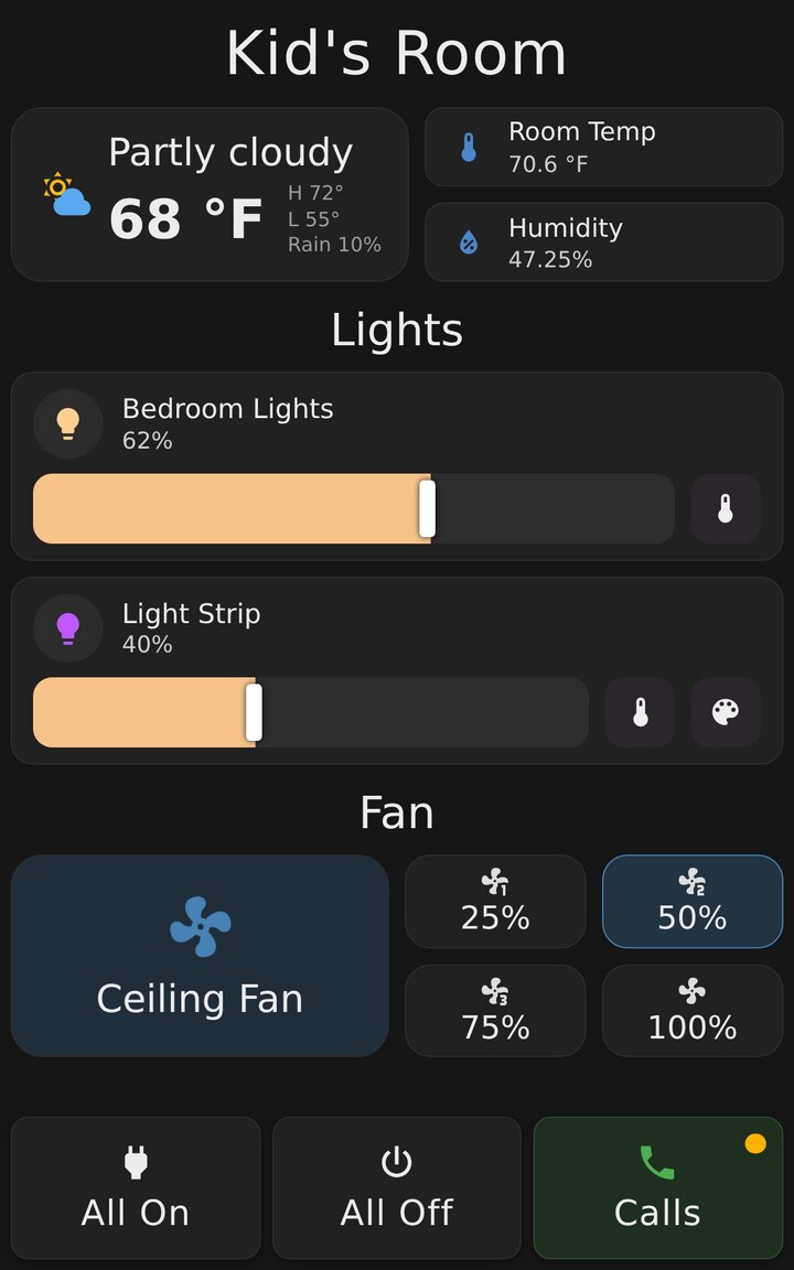 A kid's room dashboard: weather and room temperature at the top, the bedroom light and a color light strip with sliders, a ceiling fan with speed buttons, and All On, All Off and Calls buttons