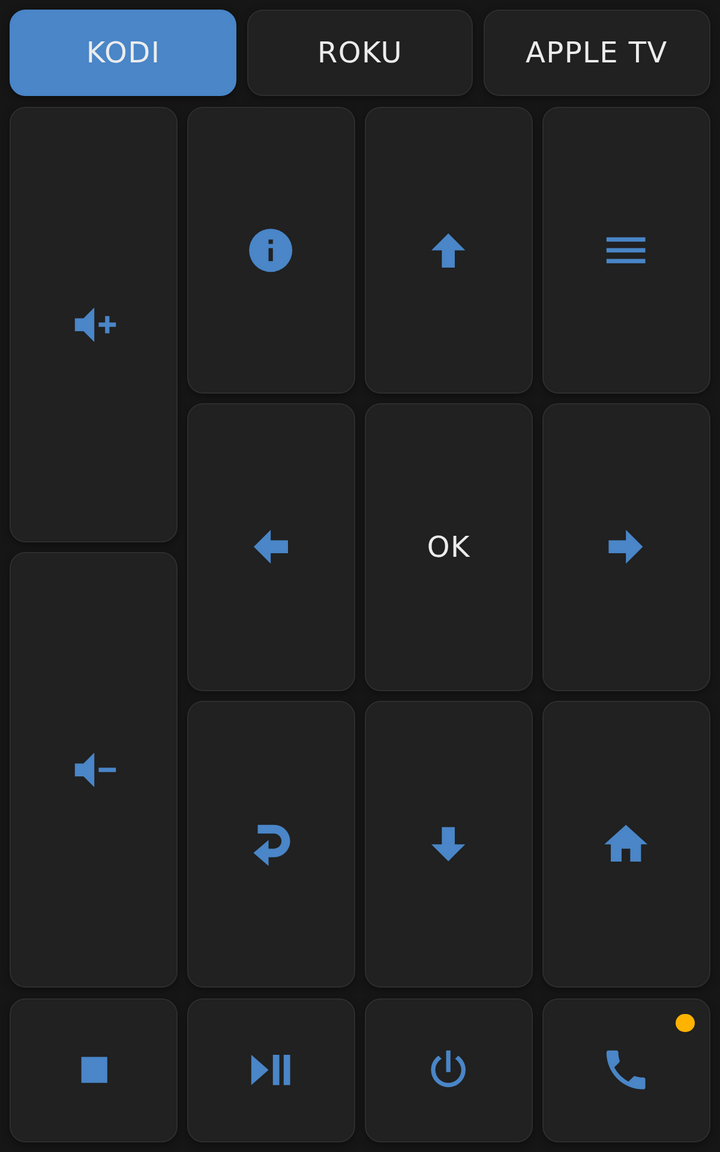 The StarView TV remote: Kodi, Roku and Apple TV source buttons on top, big volume buttons on the left, a direction pad, and play, stop, all off and intercom buttons at the bottom