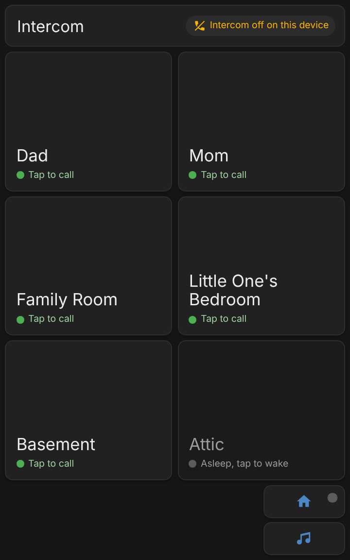The intercom page listing Dad, Mom, the family room, a bedroom, the basement and the attic, with a home button and a music button stacked in the bottom right corner
