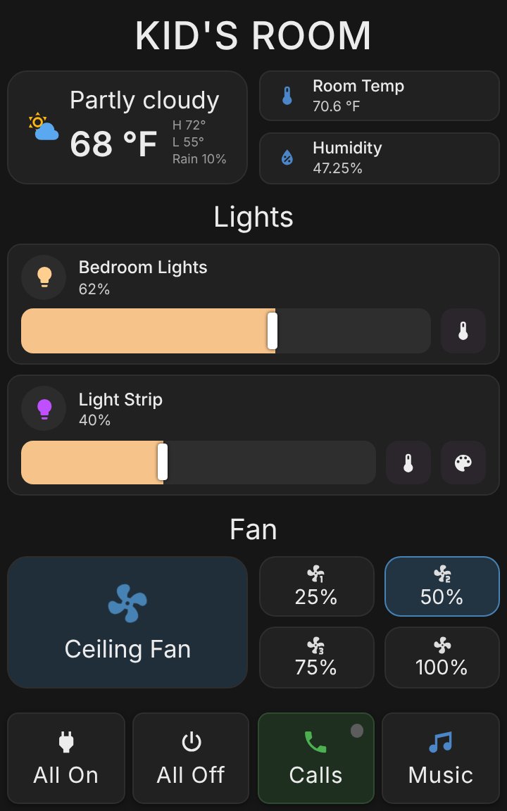 A kid's room dashboard: weather and room sensors at the top, the bedroom light and a light strip with sliders, a ceiling fan with speed buttons, and All On, All Off, Calls and Music buttons along the bottom