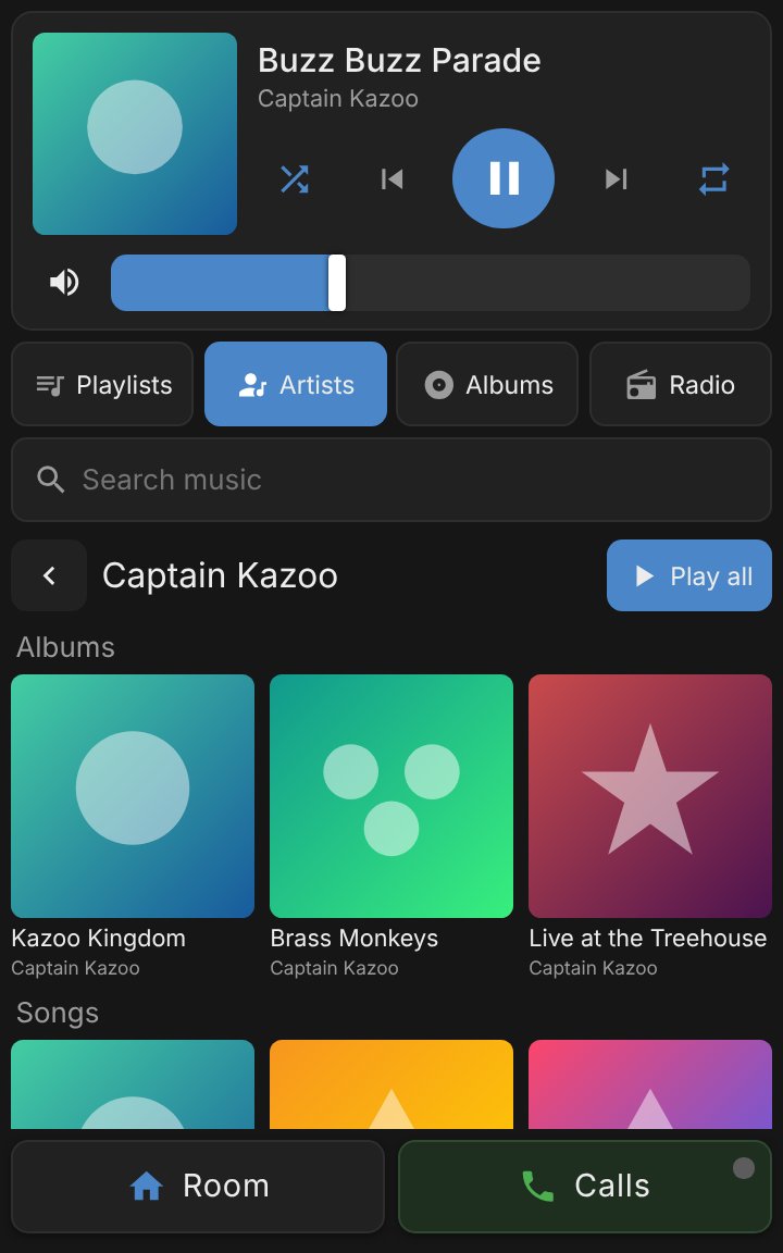 An artist page in the music card: a back button, the artist name and a Play all button, then the artist's albums and the start of their songs