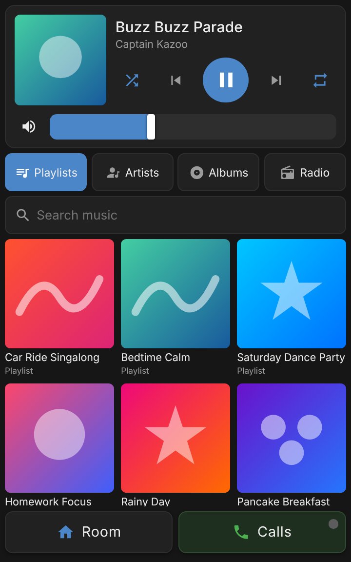 The music page: now playing at the top with cover art, shuffle, previous, pause, next and repeat buttons and a volume slider, then tabs for Playlists, Artists, Albums and Radio, a search box, and a grid of playlist covers, with Room and Calls buttons at the bottom
