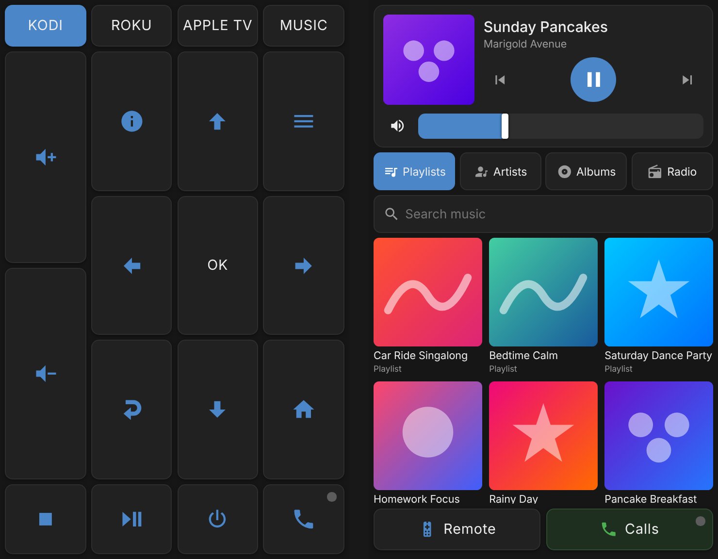 The family room StarView: the TV remote page with a new Music button next to the Kodi, Roku and Apple TV buttons, and the music page showing a song playing on the Family Room Speaker