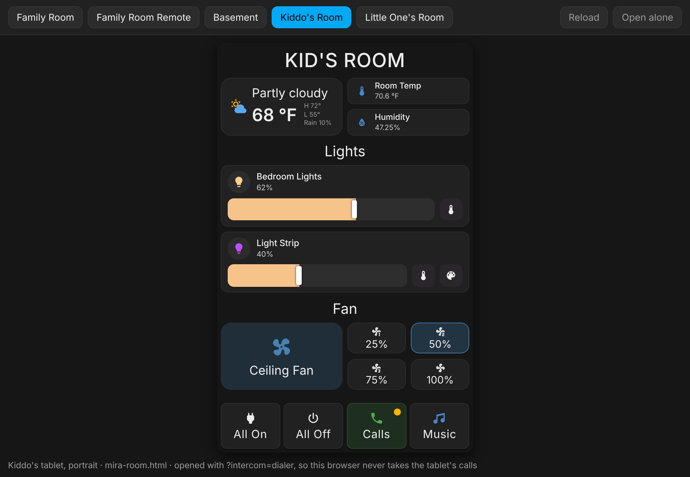 The Wall Tablets page: a row of buttons for each tablet across the top, with Reload and Open alone on the right, and the selected kid's room page shown live in a frame shaped like that tablet