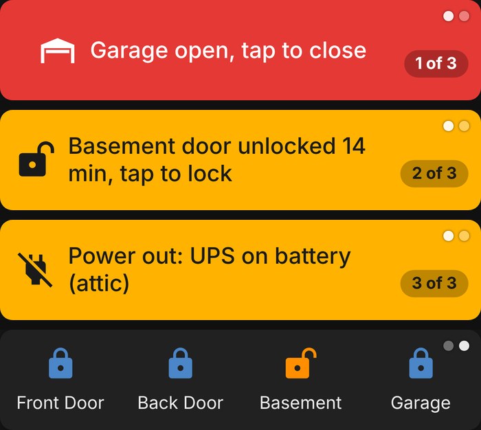 The alerts banner in four states: a red garage-open alert reading 1 of 3, an amber basement door unlocked alert reading 2 of 3, an amber power out alert reading 3 of 3, and the normal lock row with one unlocked door