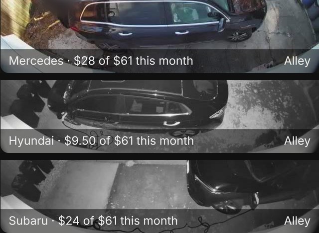 Three alley camera bars: Mercedes, $28 of $61 this month; Hyundai, $9.50 of $61 this month; Subaru, $24 of $61 this month