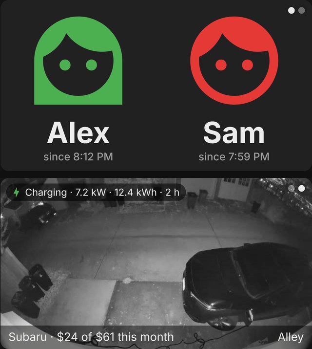 The two faces card with green and red faces and "since" times under their names, above the alley camera card with a charging badge and a car name, each with two small dots in the corner