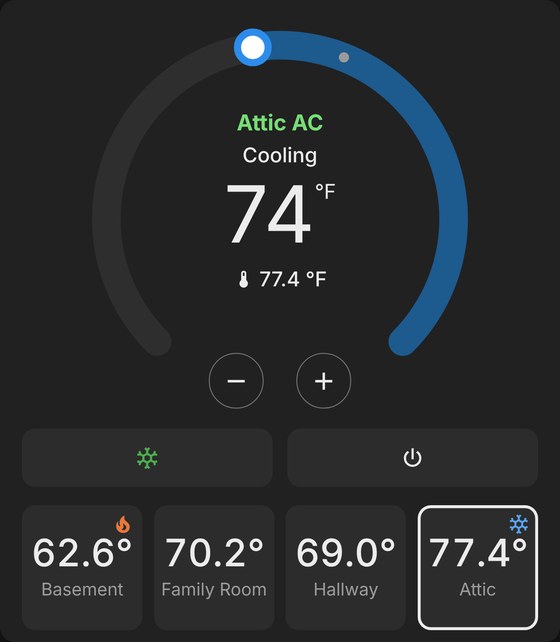 The thermostat card showing the Attic AC: a cooling dial set to 74, mode buttons for cool and off, and four temperature tiles with a flame on the basement and a snowflake on the attic, which has a white outline