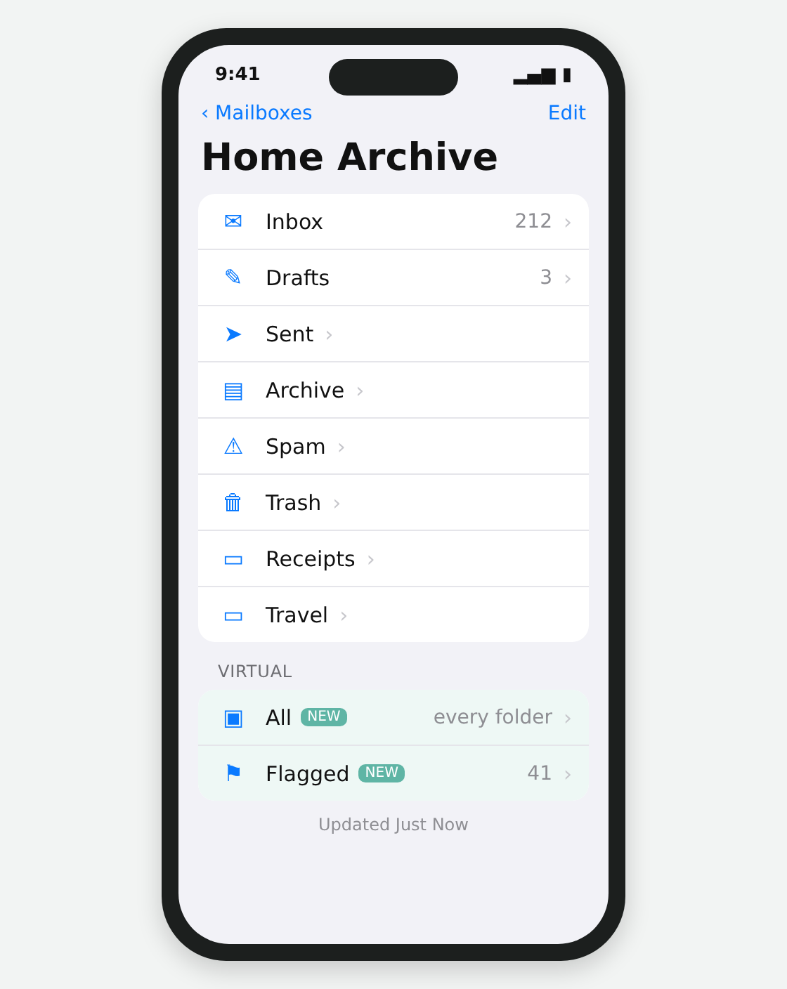 A mock-up of iPhone Mail's mailbox list for the archive account: Inbox, Drafts, Sent, Archive, Spam, Trash and a couple of personal folders, then a Virtual section with two new folders, All and Flagged