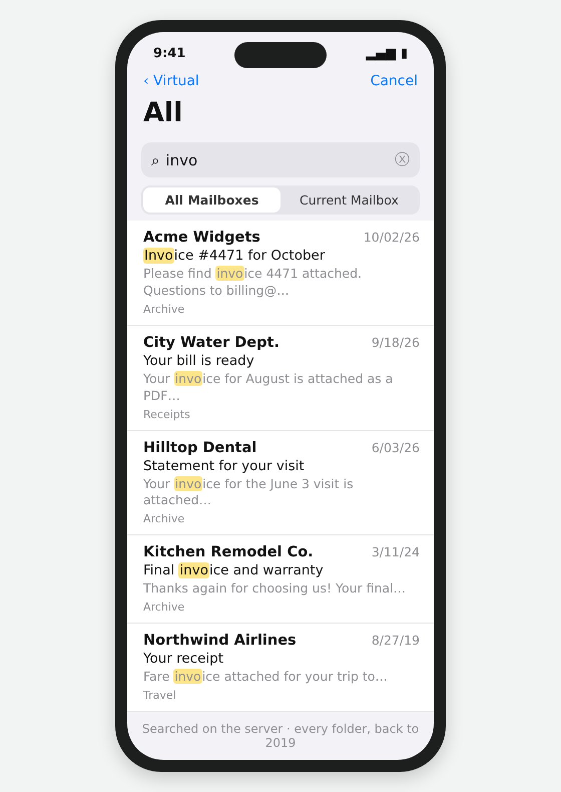 A mock-up of iPhone Mail after searching the All folder on the server for "invo", showing five invoices from different folders and years, each with "invo" highlighted