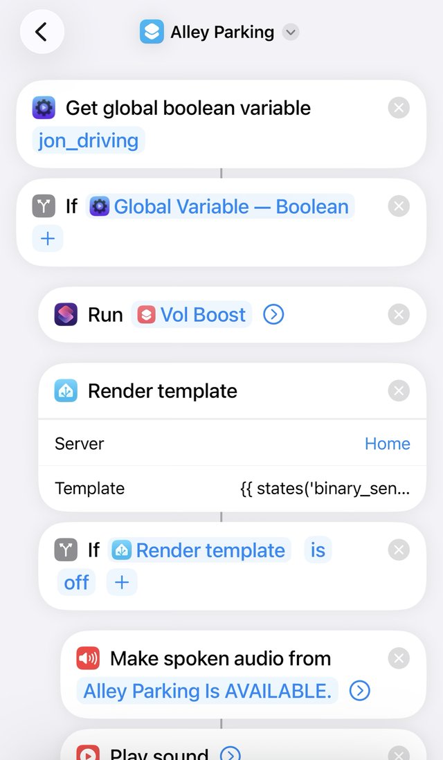The top of the Alley Parking shortcut: it reads the jon_driving variable, runs Vol Boost, renders a Home Assistant template, and speaks AVAILABLE if the result is off