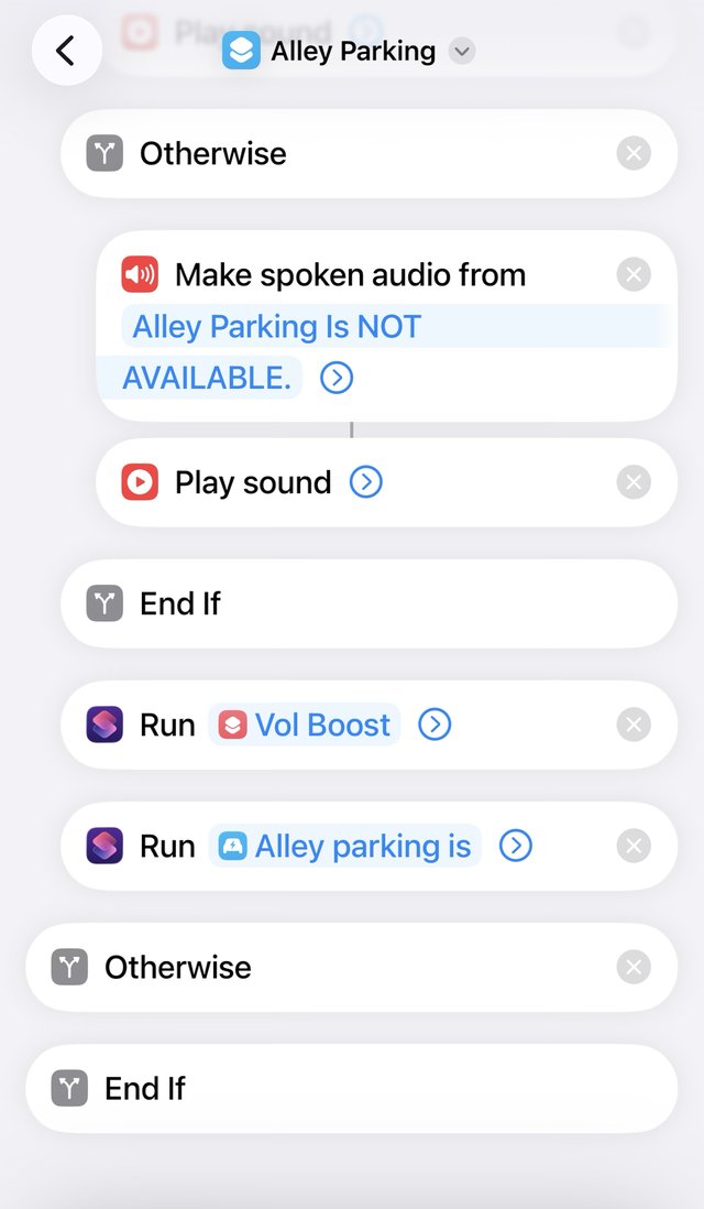 The rest of the Alley Parking shortcut: the NOT AVAILABLE branch, Vol Boost again, and a run of a second shortcut called Alley parking is